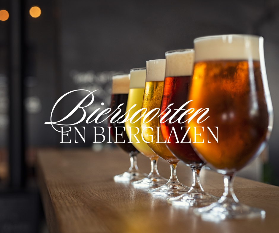 Verschillende biersoorten en glazen uitgelegd. 